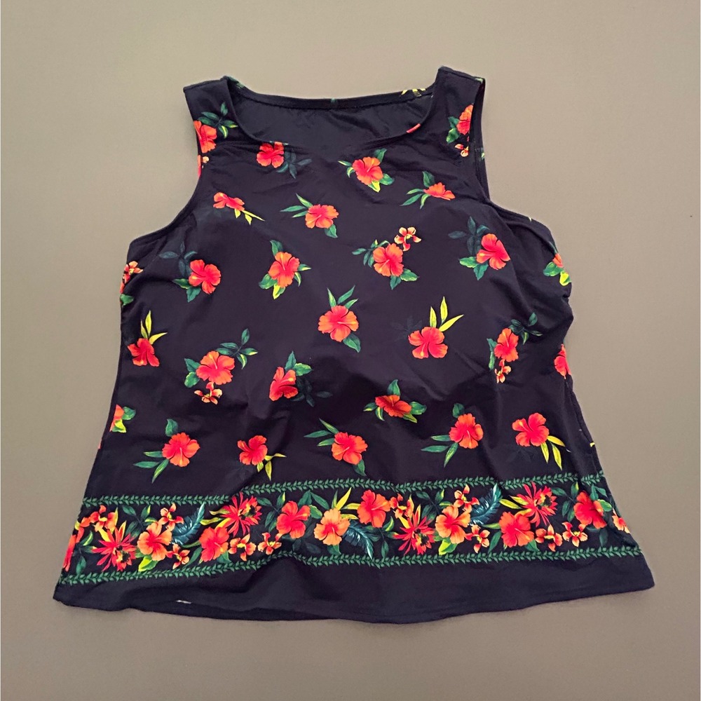 Lands End Navy Blue Tropical Hibiscus Floral Tankini Swim Top Plus Size 20W - Picture 1 of 7